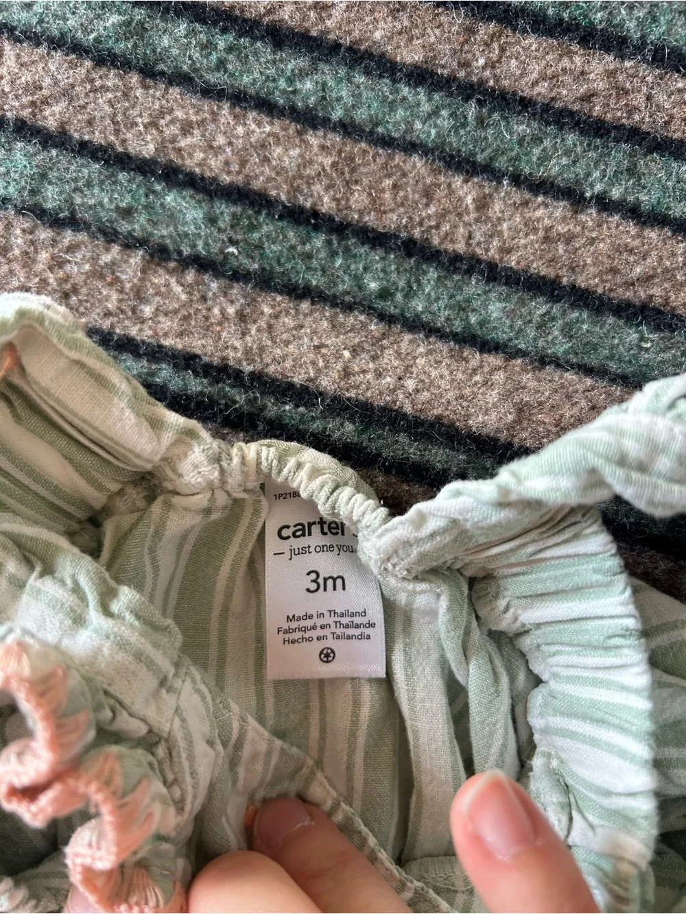 Carter's Mint Green Striped Ruffle Romper with Peach Embroidery